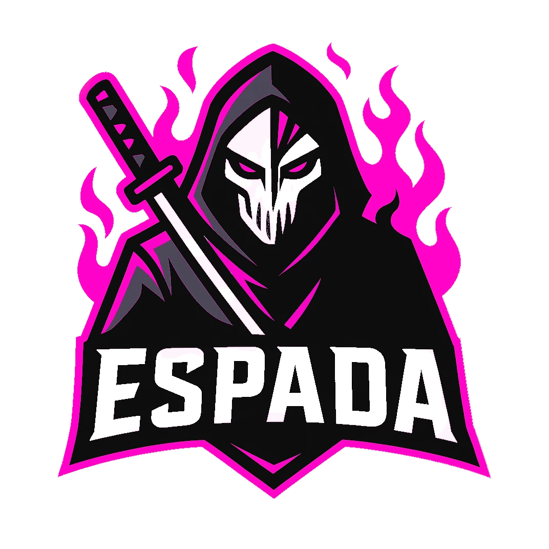 Sticker Espada : une silhouette encapuchonnée au sabre, sur des flammes magenta
