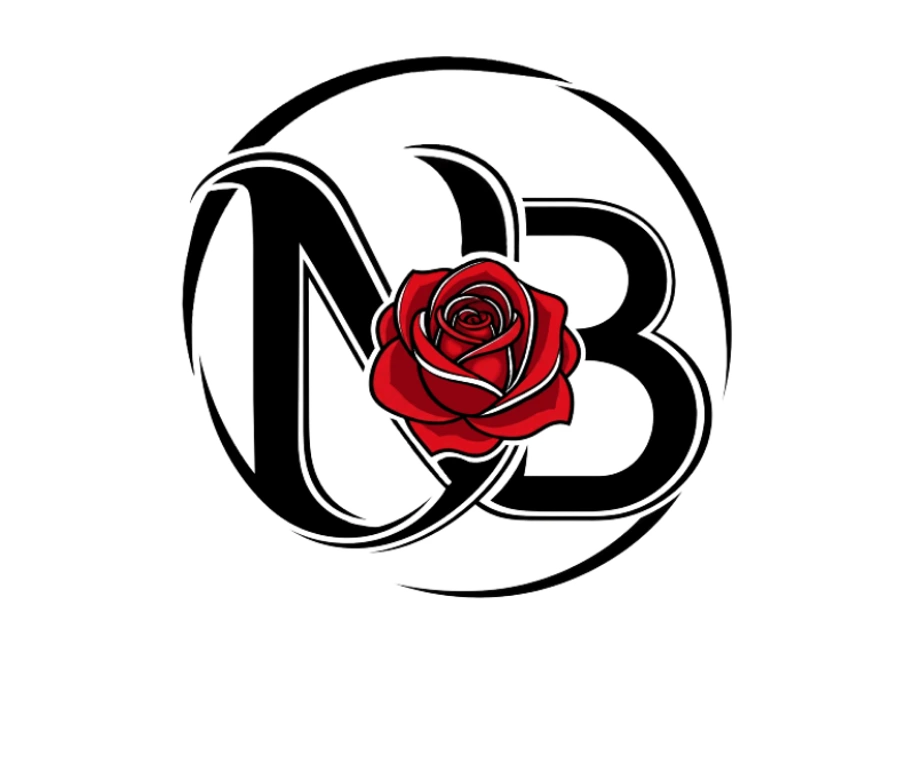 Sticker New Blossom : le monogramme NB traversé d'une rose rouge